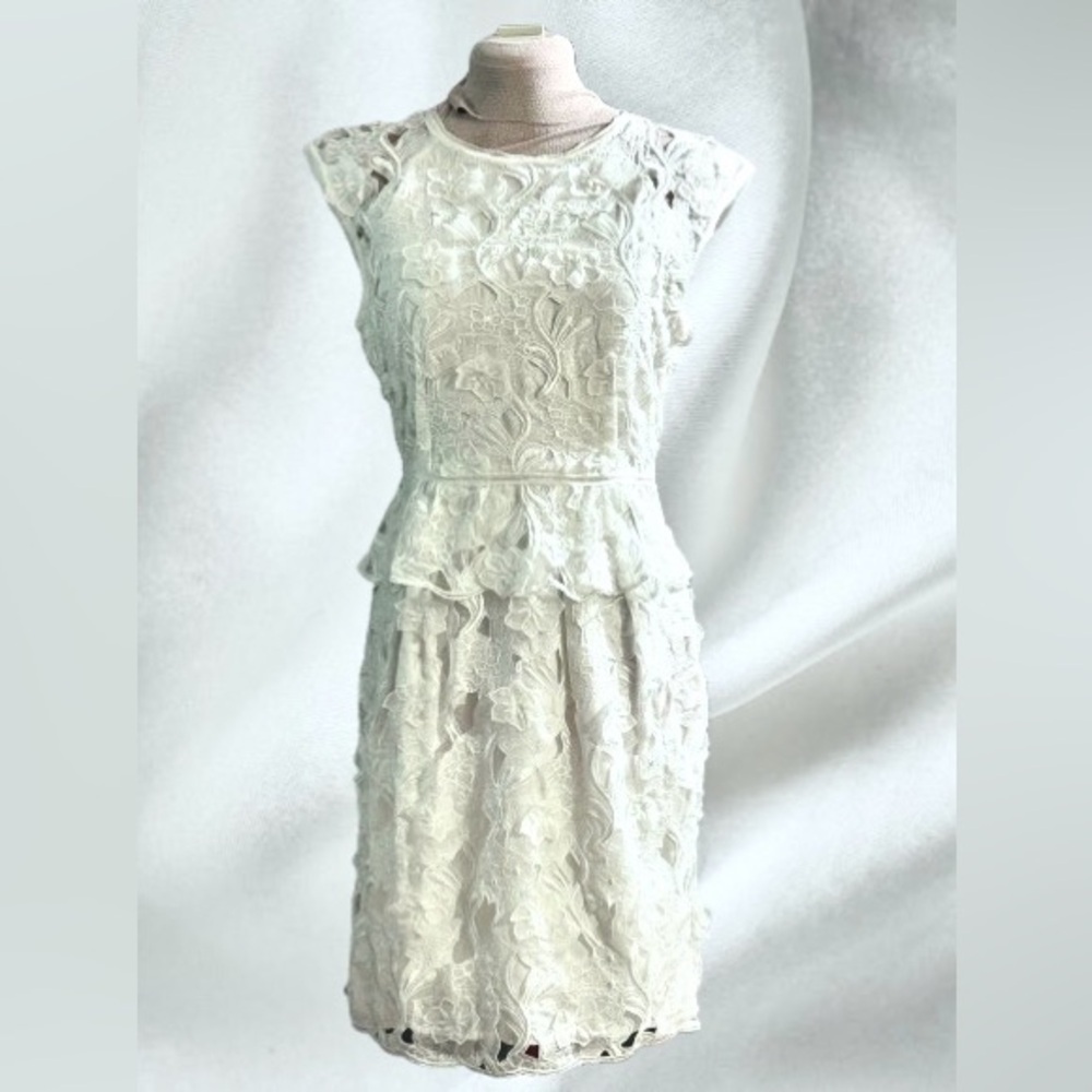 NWT, BCBGMaxAzria Aveline Appliquéd open-work Dress in creamy white. Wmns Sz S